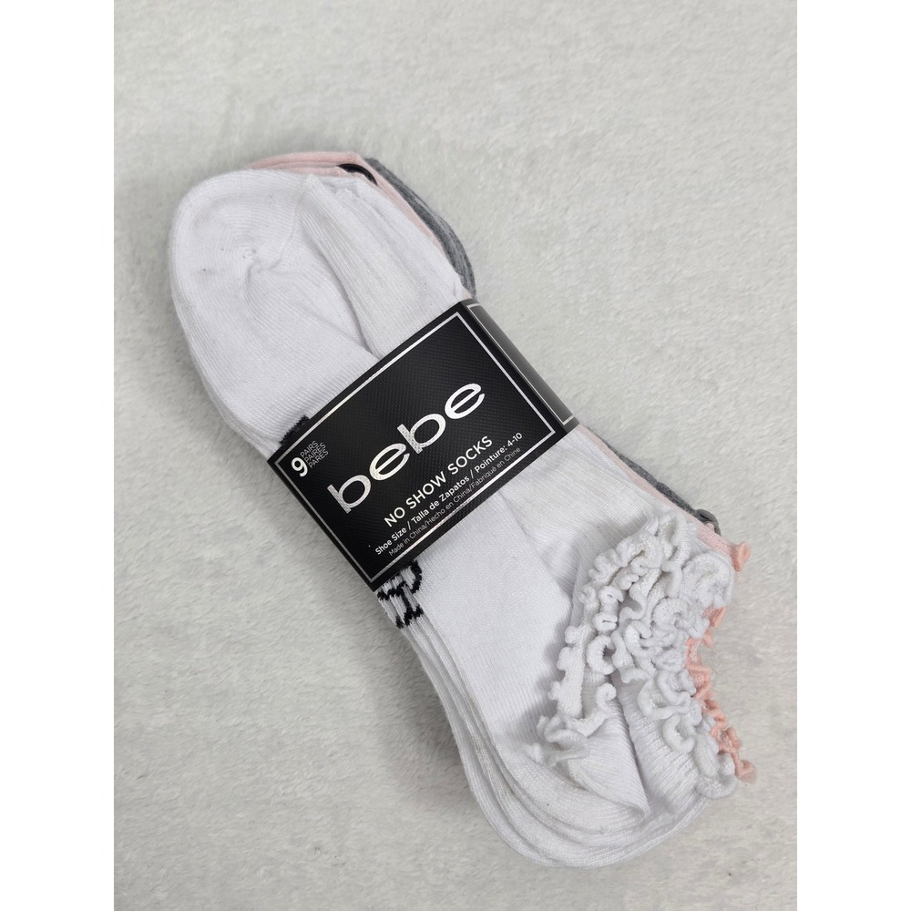 Bebe Womens No Show Socks 9 Pair Pack Ruffle Trim White Pink Grey Size 4-10 NEW